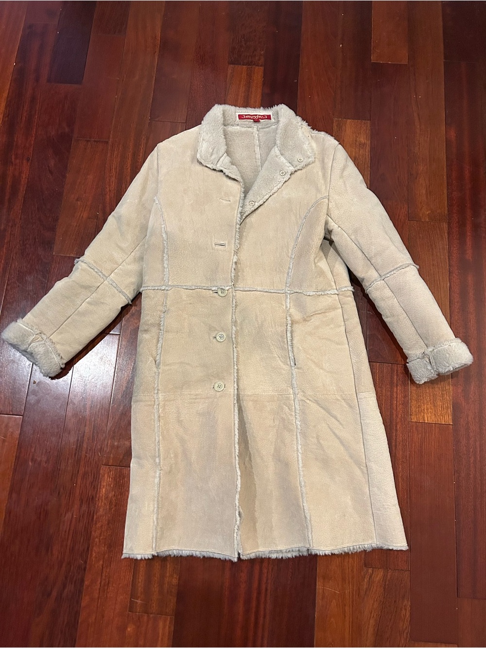 Jennifer J Vintage Cream Shearling-Trim Long Coat Women’s Medium Suede